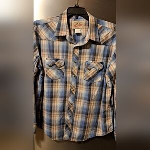 Vintage Wrangler Western Shirt  90s Mens Pearl Snaps Long  Sleeves Blue Plaid XL